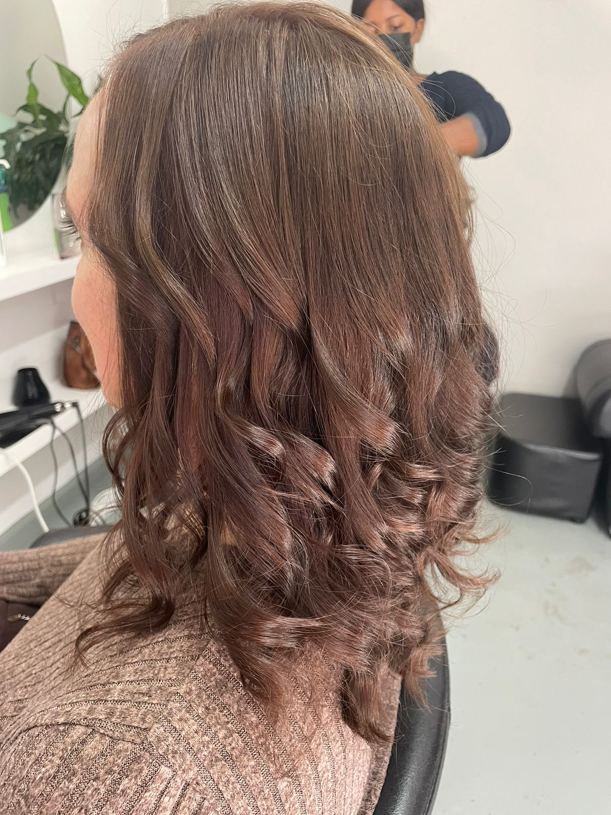 Root tint and blowdry after — seamless glossy brunette, grey blending Pinelands